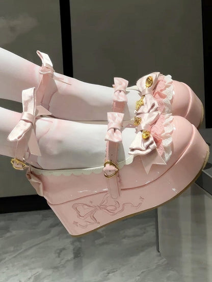 Bowknot Details Platforms Lolita Sweet Spoon Decorated Pink