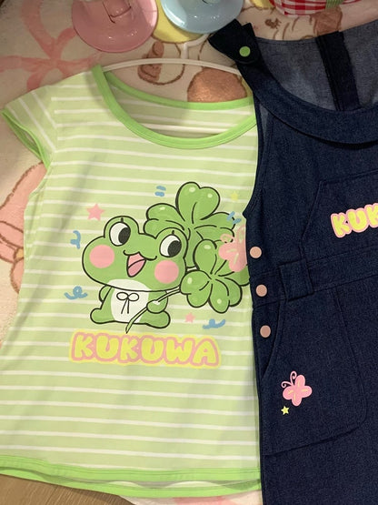 Green Motif Kawaii Pattern Stripe Frog Daily with T-shirt