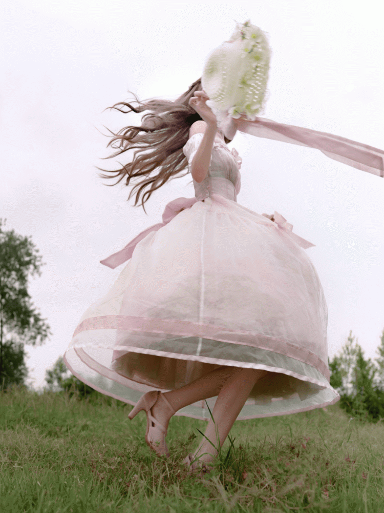 Painting Dress with Organza Overlay Oil Pink Water Lily Print Basque Waist Light