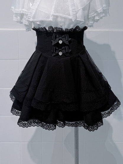 Black High-waisted Double-layer Skirt with Lace Trim & Bow - shirohato