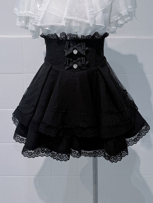 Black High-waisted Double-layer Skirt with Lace Trim & Bow - shirohato