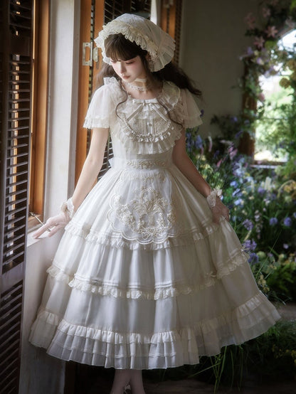 Beige Dots Tulle Flutter Sleeve Lolita Dress - Green Castle