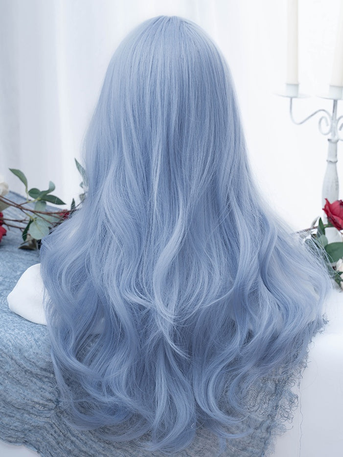 カーテンバング付きブルーロングウェーブ合成ウィッグ