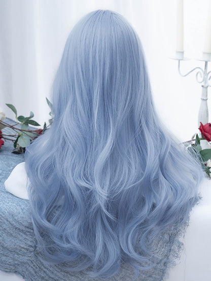 カーテンバング付きブルーロングウェーブ合成ウィッグ