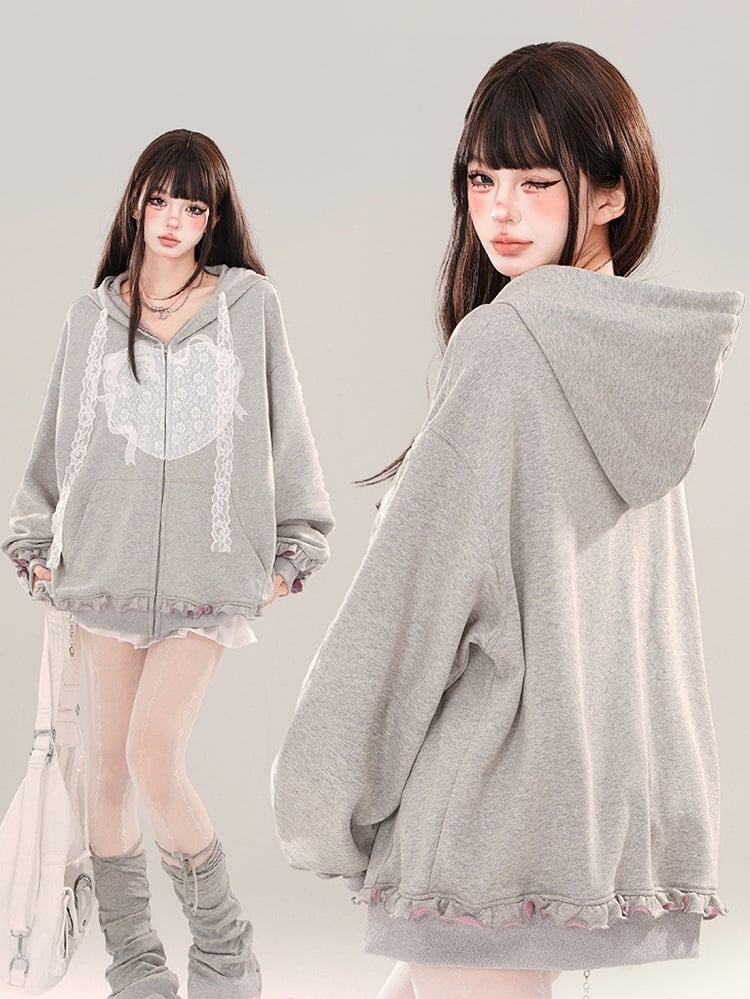 Grey  Lace Applique Ruffle Trim Zip Hoodie