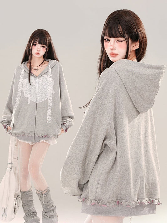 Grey  Lace Applique Ruffle Trim Zip Hoodie