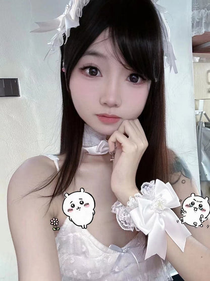 ピンク/ブルー/ホワイト ジライケイ クロス装飾レーストリム ちょう結びヘアバンド/ネックレス/リストカフ