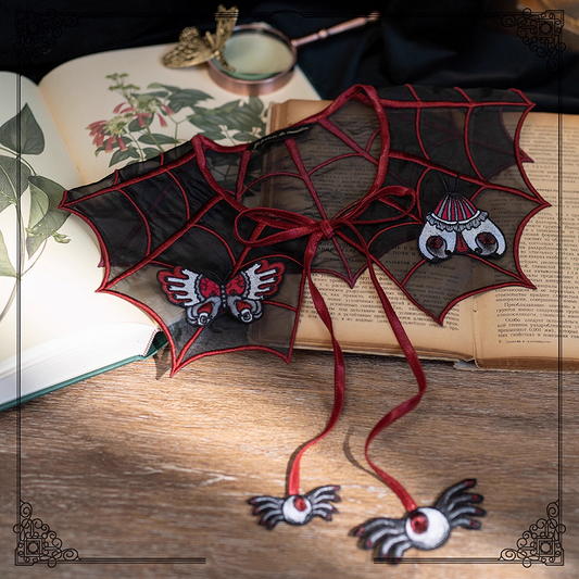 and with Detachable Spider Web Embroidery Organza Brooch Red Butterfly Fake Collar Black Moth