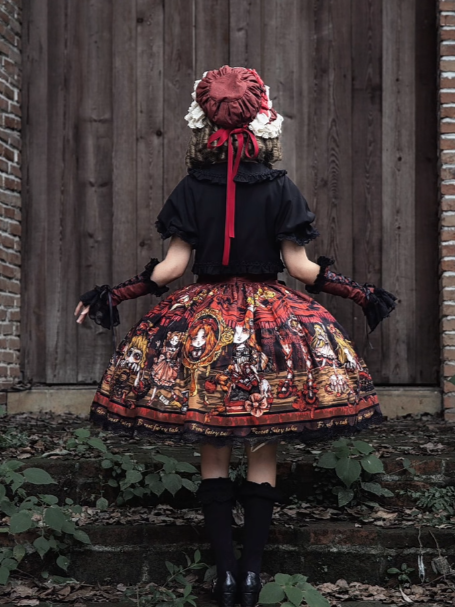 Red Shoes Story Black Red Faux Two-Piece Lolita OP Gown with Bows - Forest Fairy Tales
