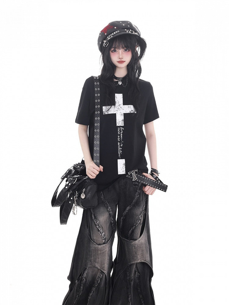 Black Cross Print Tee - KNOW8 Online Shop