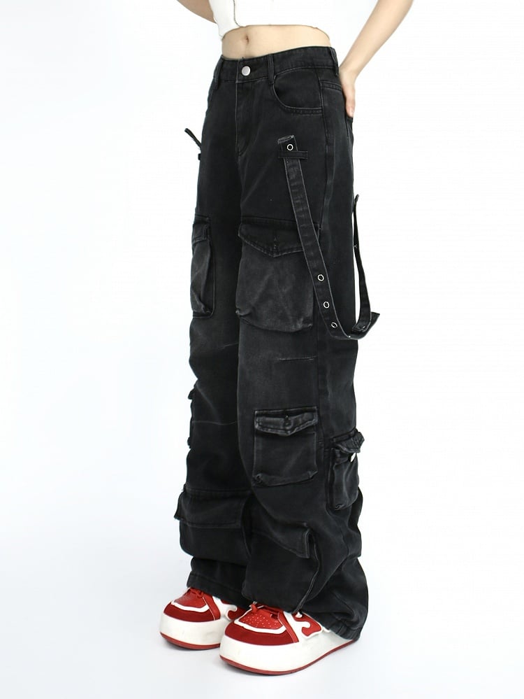 Vintage Distressed Jeans with Multiple Cargo Pockets and Denim Strap Design