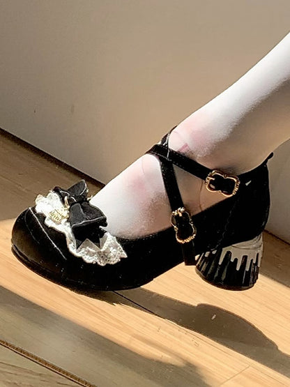 Unique Heels Mid Sweet Round Lolita Black Janes - Toe Heel Decorative Bow Pudding Mary Shaped with