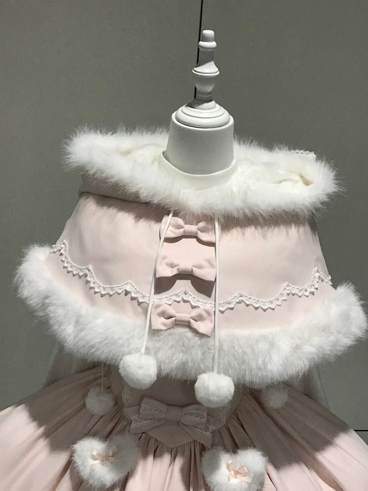 Plush Ears Winter with Bunny Trimming White Pink Hooded Cape