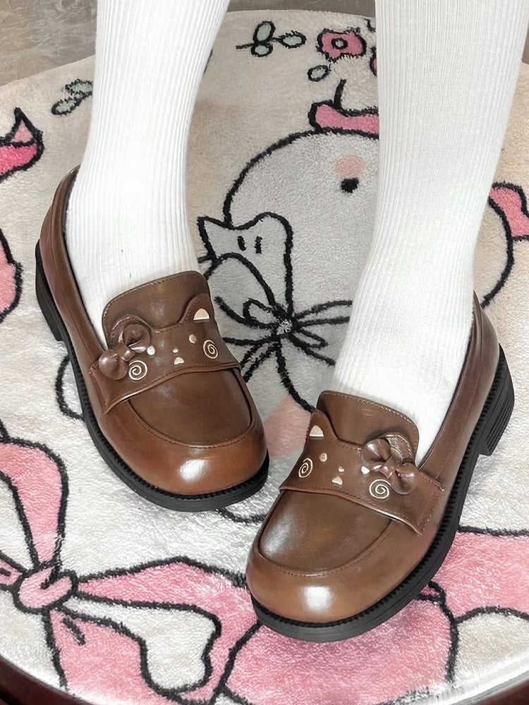 Brown Preppy Style Loafers with Bow Accent & Bear Motif