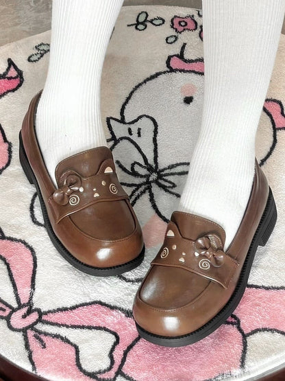 Brown Preppy Style Loafers with Bow Accent & Bear Motif