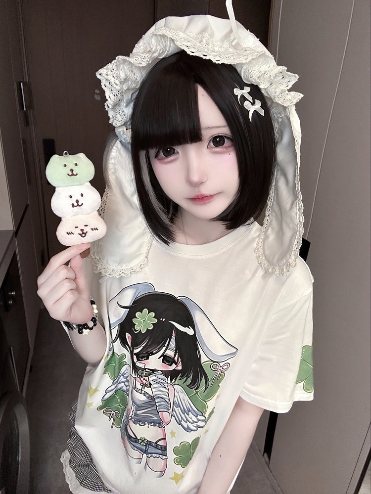 White Round Neck Four-Leaf Clover Angel Print Cotton T-Shirt