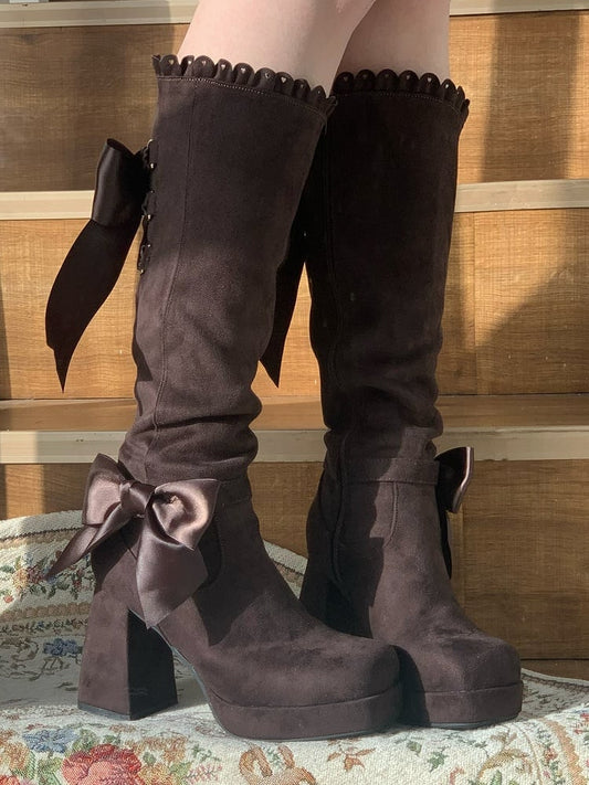 Bow Embellishment Lacing Boots Coffee - Lolita Brown Knee-high Decorative in Elegant