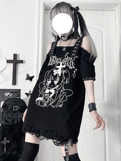 Print Gothic Black Off-Shoulder Subculture Cross-Buckle StrapsAnime Topwith Girl
