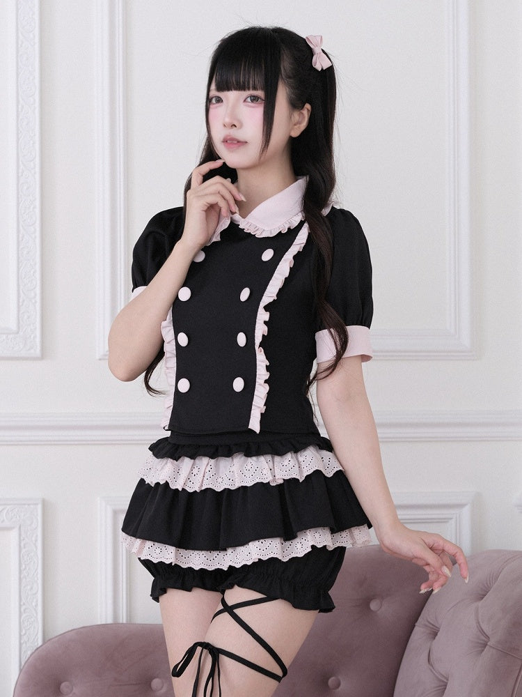Black Pink Jirai Kei Tiered Lace Skort - No Genki