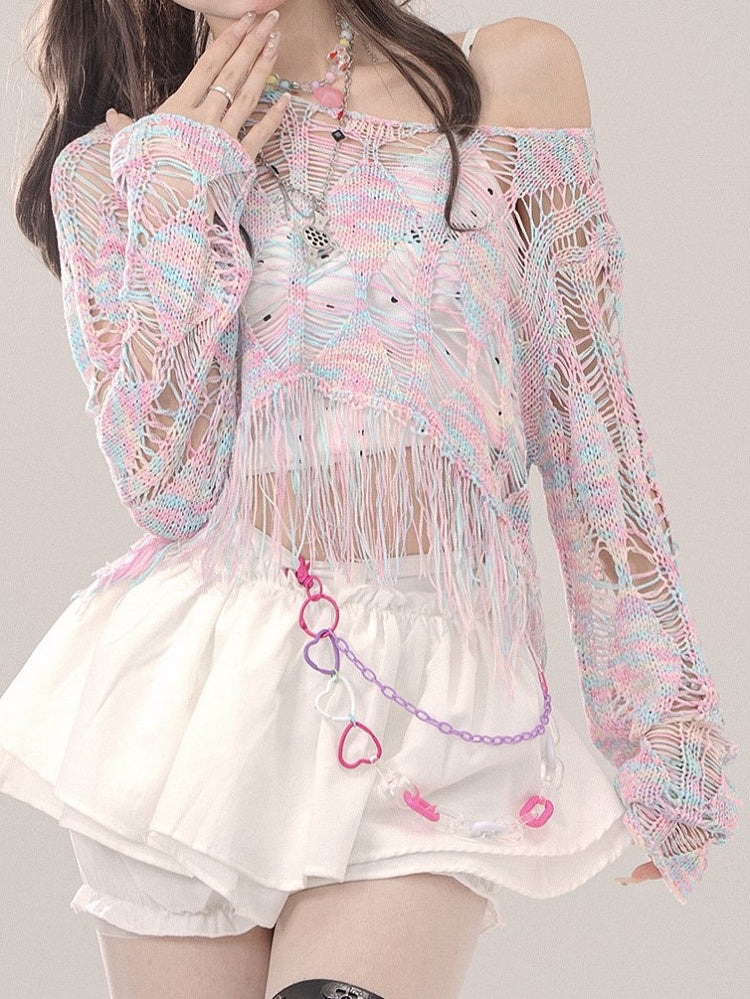 Colerful Hollow-Out Knit Top with Distress Trim One-Shoulder