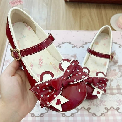 Buckle Red - Mary Low Lolita Polka-dot with Janes Sweet Ear PU Bear Bow Heel Teddy