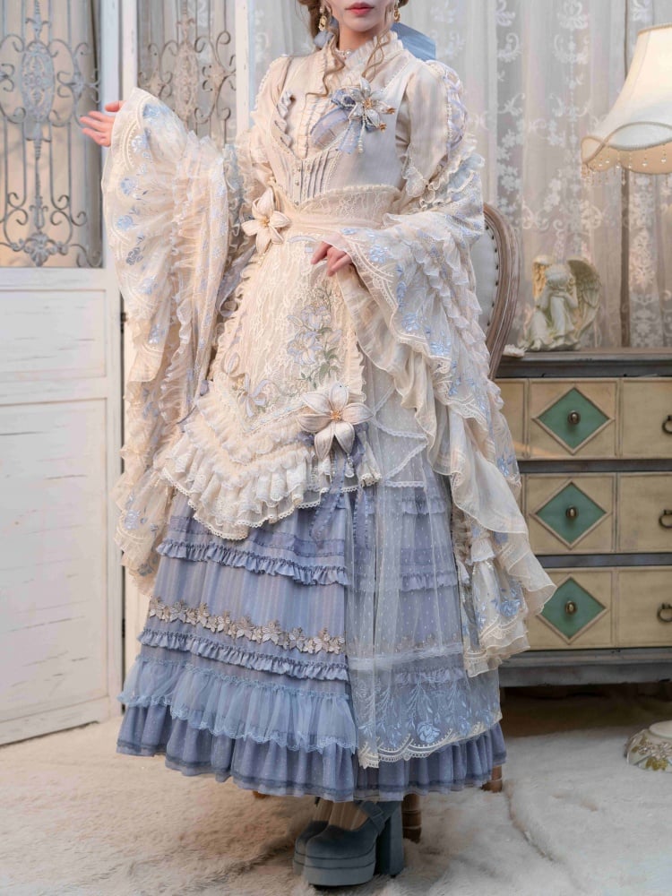 Lily Embroidery Applique Layered Hem Blue Classic Lolita Dress Front Button Placket