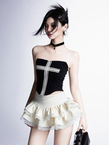ティアードスカート ストラップレス レース ミニトリムトップ/アプリコットホワイトレースクロスデザイン ブラックカーブヘム グラマラス