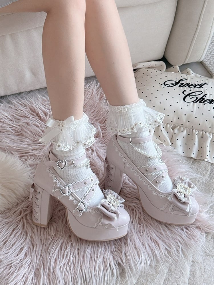 Pink Platform Mary Janes with Crystal Detail - Sheep Puff