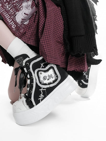 Black Platform Top High Otaku Patches Sneakers Cat - Canvas