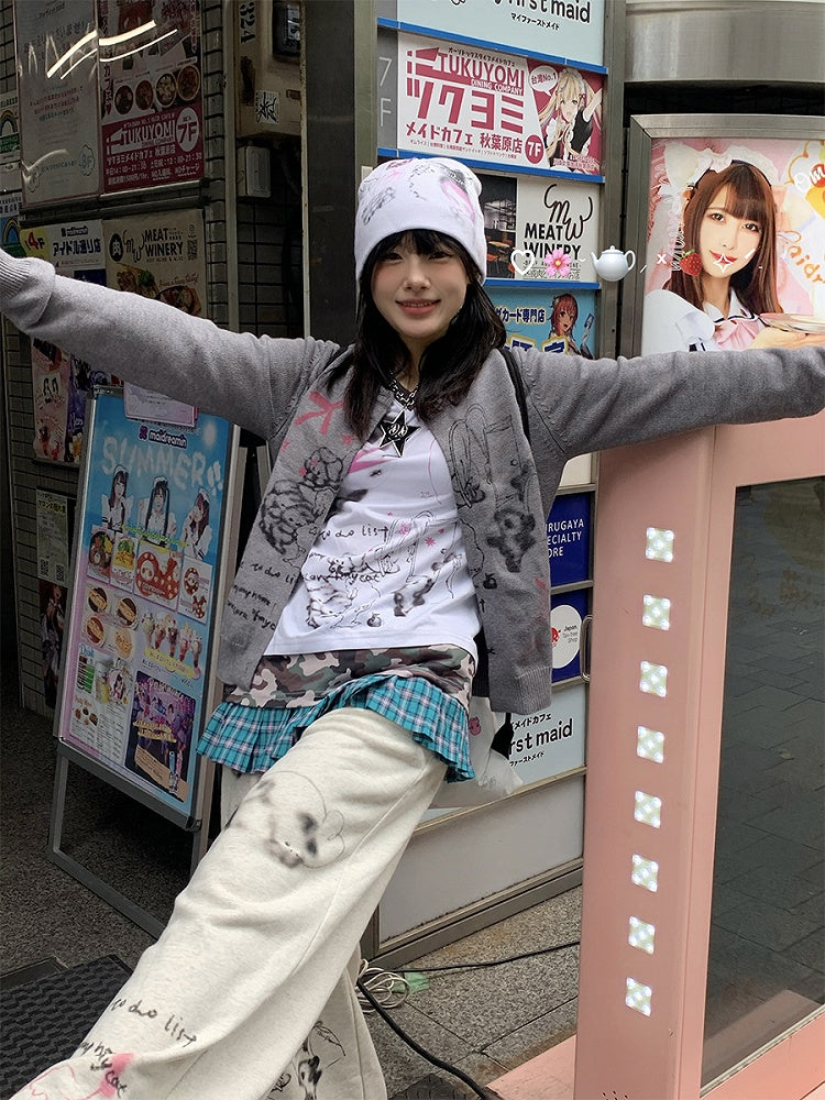 with Sweatpants Gray Print Cartoon Animal All-Over