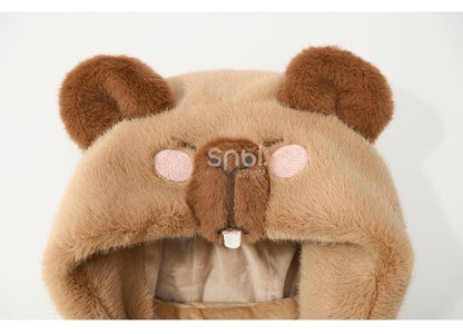 Khaki Cute Capybara Adorned Hooded Down Jacket Detachable Hood