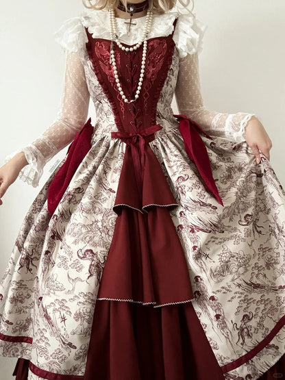 Animals and Bodice Elegant Forest with Corset Print Lolita Dress Red