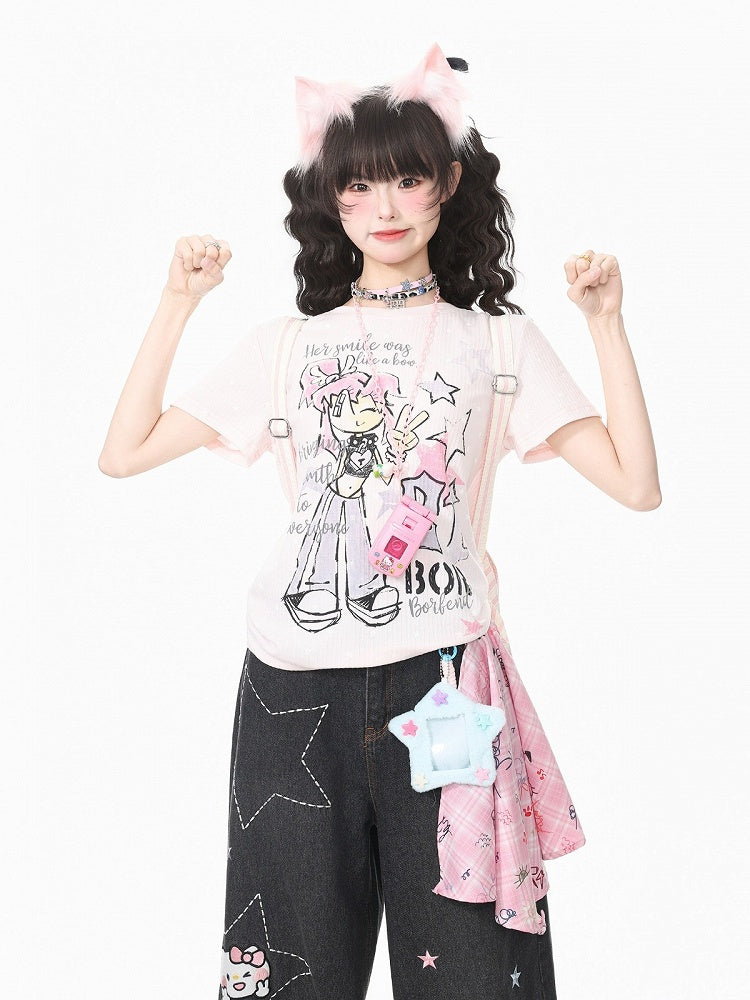 Pink Cartoon Graphic Short Sleeve Tee - Languid Park