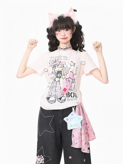 Pink Cartoon Graphic Short Sleeve Tee - Languid Park