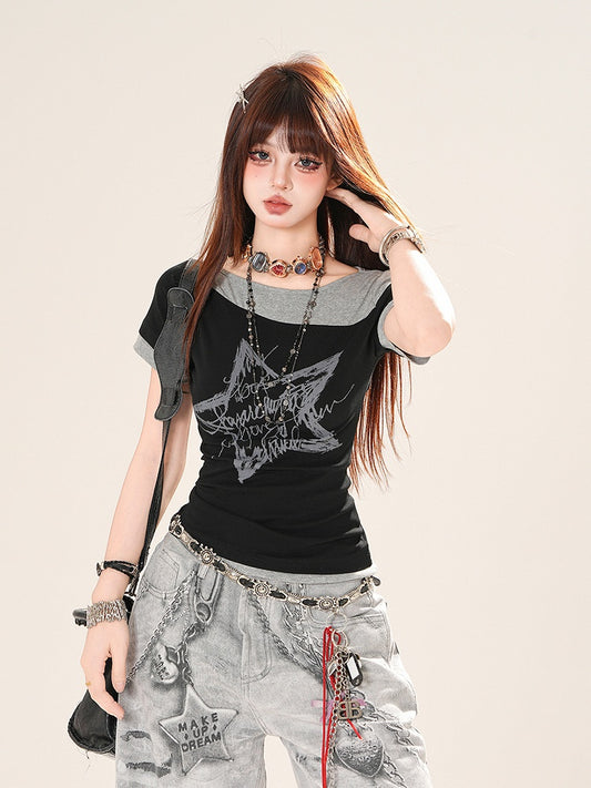 Black  Gray Star Print Faux Two-pieces T-Shirt