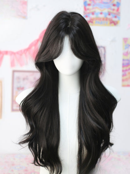 Black Tea Under Bust Length 65cm Wavy Wig with Curtain Bangs