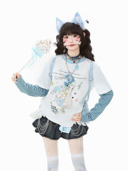 Green/White Sleeve Long Faux Two-Piece Top Y2K Cartoon Striped Print