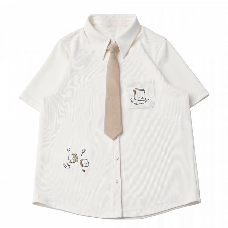Creamy White Waffle Knit Short Sleeve Shirt with Toast Embroidery - PINK SAVIOR