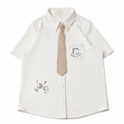 Creamy White Waffle Knit Short Sleeve Shirt with Toast Embroidery - PINK SAVIOR