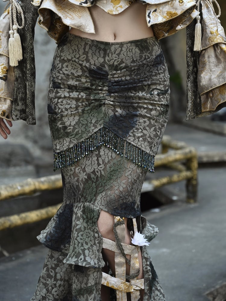 グリーンタイフラワーバードケージヘムラインマーメイドスカート