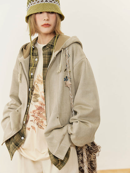 Beige Trim Hoodie Drawstring Print with Hood Ribbed Vintage