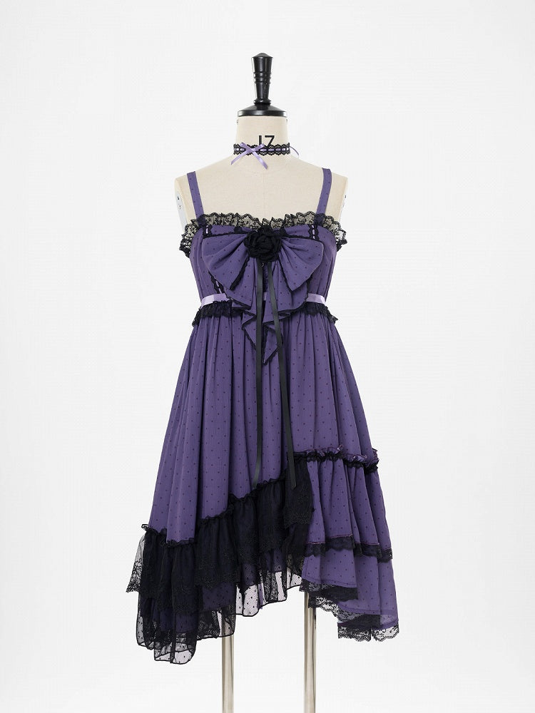 Polka Dot Bow Asymmetric Hem JSK Dress with Lace Choker - Tan Tuan