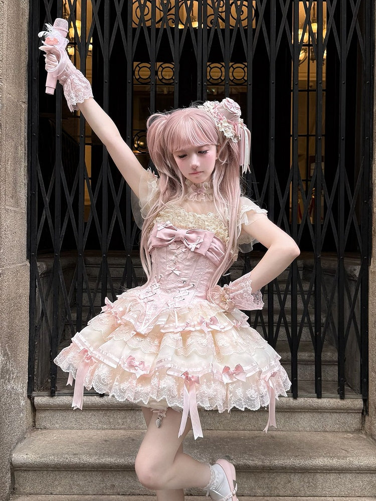 Schulter Dünne Jumper Entbeint Lolita Korsett Apricot Rosa Kleid Riemen Rock und