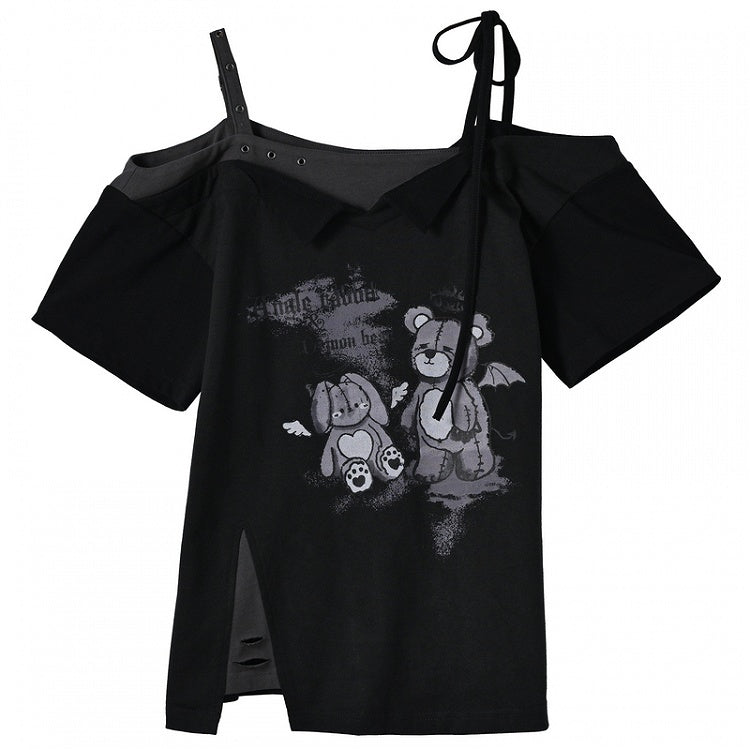 ブラック オフショルダー ネックライン テディベア プリント Tシャツ