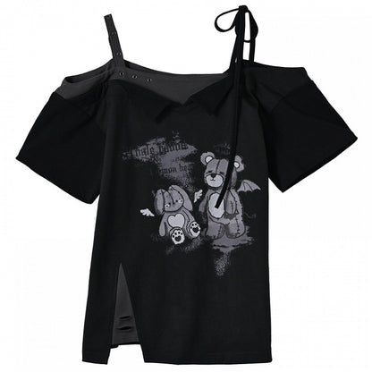 ブラック オフショルダー ネックライン テディベア プリント Tシャツ