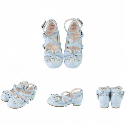 Mary Blue Bow Janes Lolita Decorative Low-heel Hem Scalloped Bear Sweet Ear in Plush PU