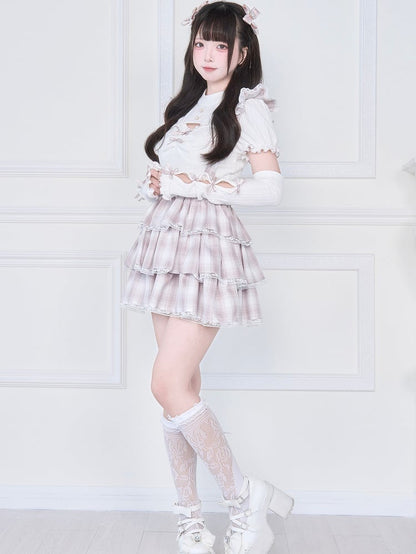 Warmers Knitted Matching Top Pink Kei Jirai Hem - White Lettuce Arm Sleeves