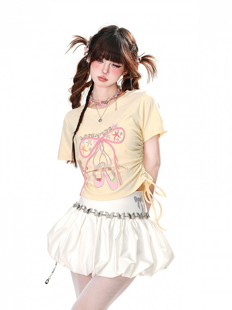 Glamorous Bowknot Schwarz/Gelb/Pink Cropped T-Shirt Kordelzug Taille Akzent