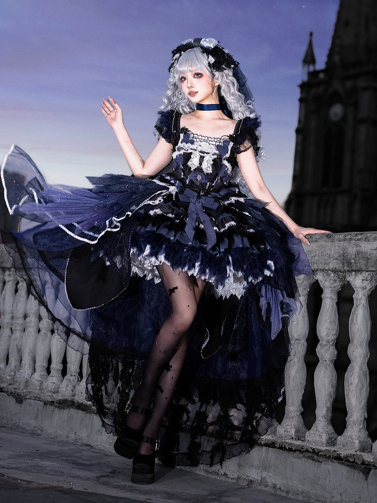Dark Blue Swan Feather Accented Lolita JSK Dress Set - Felinae Cookie