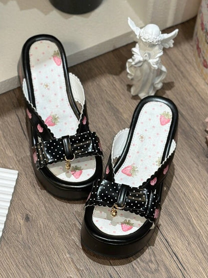 Strawberry-Print Black Chunky Sandals with Charm Accents - Witch's Night